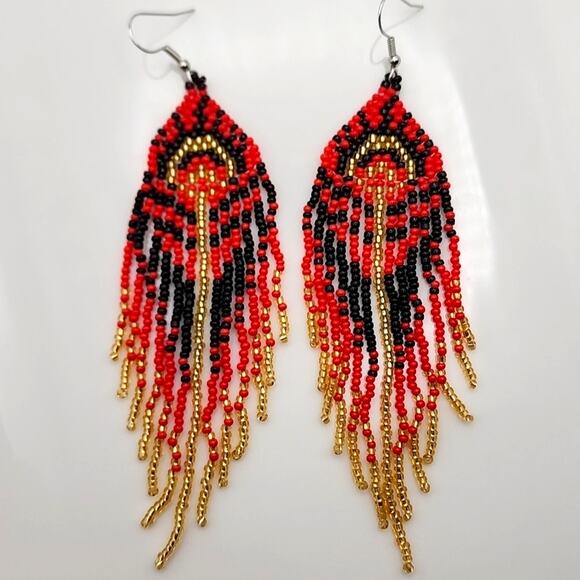 Free People Jewelry - Mayan Sunburst Red Boho Beaded Fringe Earrings